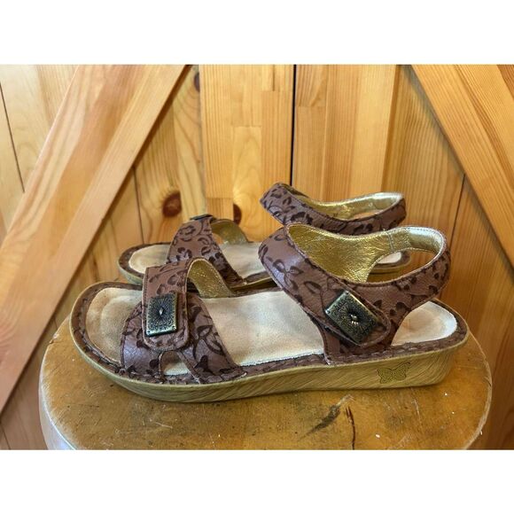 Alegria Brown Leather Floral Design Sandals Hook Loop Straps Size US6.5-7 EU37 - Picture 3 of 8